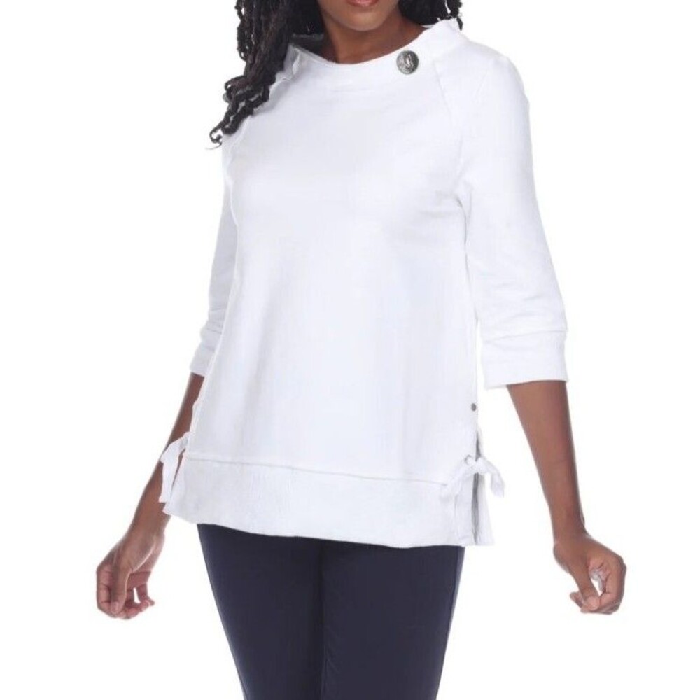 NEON BUDDHA White Silver Button Side Ties 3/4 Sleeve Sweatshirt Crusing Top Sz S